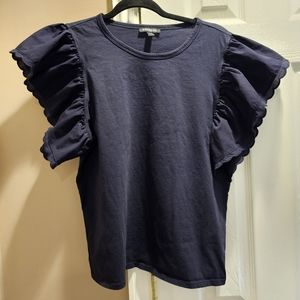 EXPRESS Ruffle Sleeve Crew Neck Tee SIZE L COLOR NAVY Pre-Owned